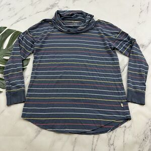LL Bean Womens Turtleneck Top Size S Blue Pink Striped Long Sleeve Funnel Neck